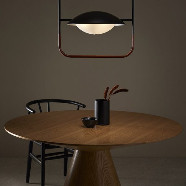 Wong Pendant Light in Matt Black and Brown Leather
