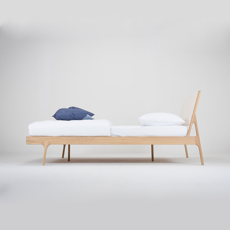 Gazzda_Fawn_Bed_180_by_Salih_Teskeredzic_Gazzda_-_1015_White_Solid_Oak_Oiled_with_2001_White_Cotton_Webbing_Headboard_02 Olson and Baker - Designer & Contemporary Sofas, Furniture - Olson and Baker showcases original designs from authentic, designer brands. Buy contemporary furniture, lighting, storage, sofas & chairs at Olson + Baker.
