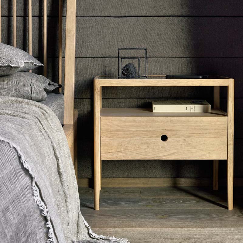 Ethnicraft - Spindle Bedside Table by Nathan Yong - Lifestyle 01 Olson and Baker - Designer & Contemporary Sofas, Furniture - Olson and Baker showcases original designs from authentic, designer brands. Buy contemporary furniture, lighting, storage, sofas & chairs at Olson + Baker.