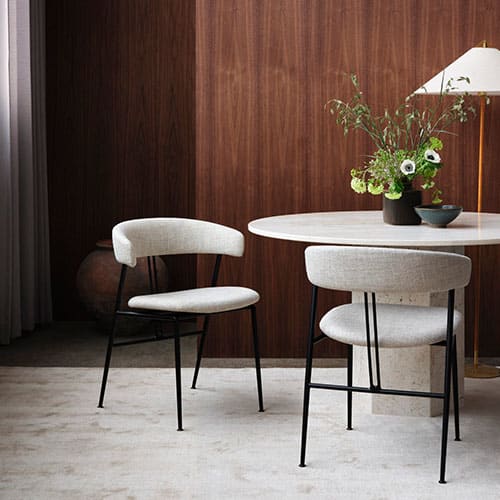 Gubi-Epic Dining Table with Violin Chair Full Upholstered-Lifestyle Olson and Baker - Designer & Contemporary Sofas, Furniture - Olson and Baker showcases original designs from authentic, designer brands. Buy contemporary furniture, lighting, storage, sofas & chairs at Olson + Baker.