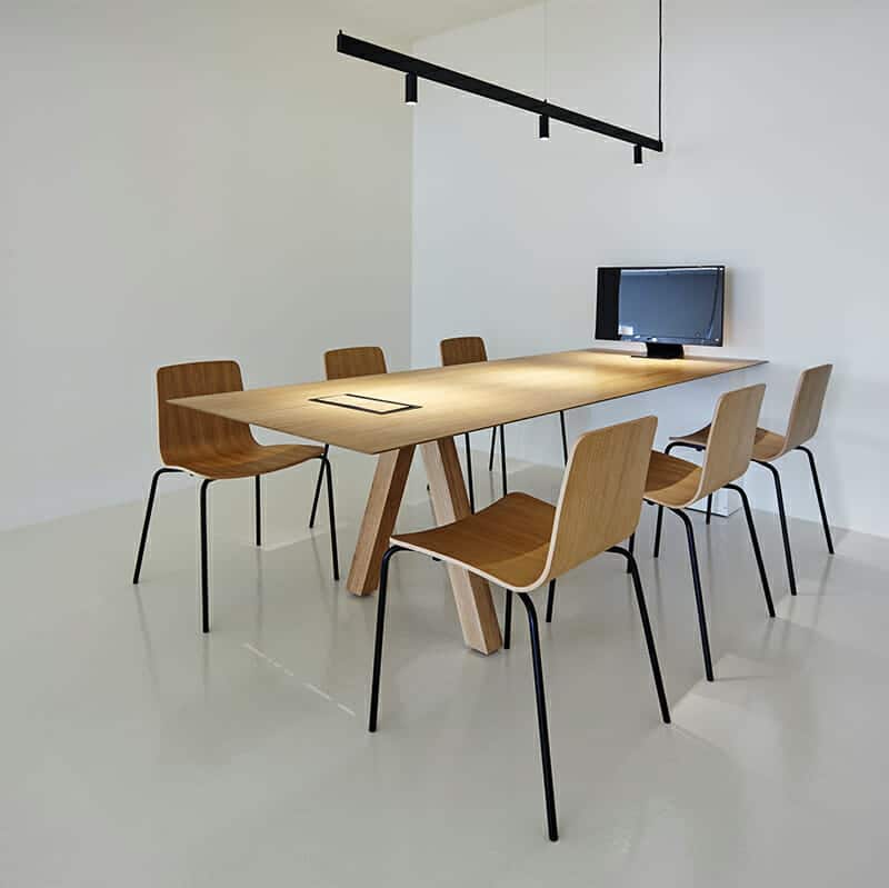 Viccarbe - Trestle Table - Stained Oak - 90cm - Lifestyle 1 Olson and Baker - Designer & Contemporary Sofas, Furniture - Olson and Baker showcases original designs from authentic, designer brands. Buy contemporary furniture, lighting, storage, sofas & chairs at Olson + Baker.