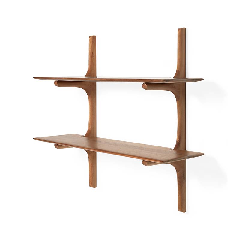 Ethnicraft PI Wall Shelf Mahogany 2 Shelves Pack Shot 02 Olson and Baker - Designer & Contemporary Sofas, Furniture - Olson and Baker showcases original designs from authentic, designer brands. Buy contemporary furniture, lighting, storage, sofas & chairs at Olson + Baker.