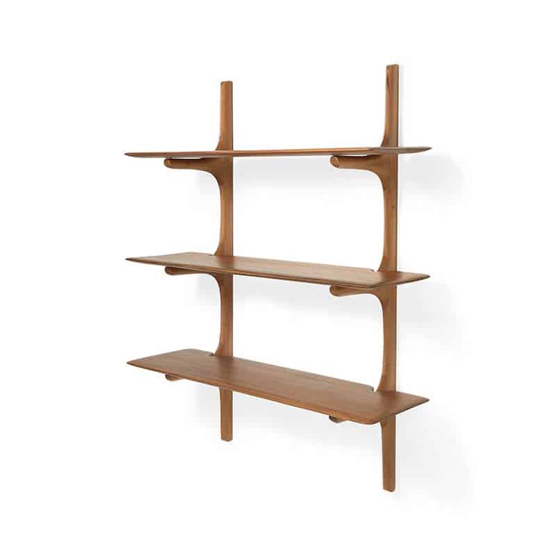 Ethnicraft PI Wall Shelf Mahogany 3 Shelves Pack Shot 02 Olson and Baker - Designer & Contemporary Sofas, Furniture - Olson and Baker showcases original designs from authentic, designer brands. Buy contemporary furniture, lighting, storage, sofas & chairs at Olson + Baker.