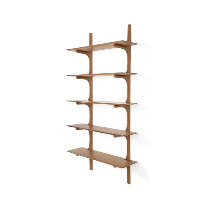 Ethnicraft PI Wall Shelf Mahogany 5 Shelves Pack Shot 02 Olson and Baker - Designer & Contemporary Sofas, Furniture - Olson and Baker showcases original designs from authentic, designer brands. Buy contemporary furniture, lighting, storage, sofas & chairs at Olson + Baker.