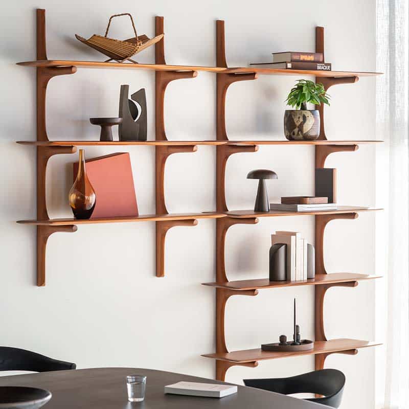Ethnicraft PI Wall Shelf Mahogany Lifestyle Shot 04 Olson and Baker - Designer & Contemporary Sofas, Furniture - Olson and Baker showcases original designs from authentic, designer brands. Buy contemporary furniture, lighting, storage, sofas & chairs at Olson + Baker.