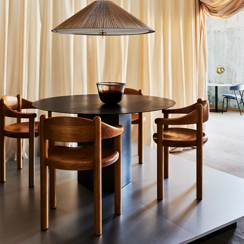 gubi-epic-dining-table-round-lifestyle-0002 Olson and Baker - Designer & Contemporary Sofas, Furniture - Olson and Baker showcases original designs from authentic, designer brands. Buy contemporary furniture, lighting, storage, sofas & chairs at Olson + Baker.