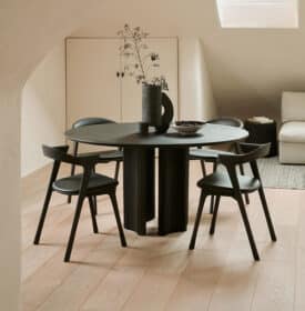 Ethnicraft-Roller_Max_Dining_Table-Dark_Brown_Varnished_Mahogany-Lifestyle_Image-01 Olson and Baker - Designer & Contemporary Sofas, Furniture - Olson and Baker showcases original designs from authentic, designer brands. Buy contemporary furniture, lighting, storage, sofas & chairs at Olson + Baker.