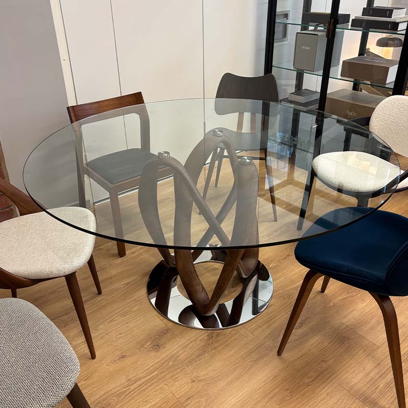 Porada Infinity Dining Table Round - Chromed Metal - Ash Canaletta Walnut - Glass - 150cm - Ex Display by Stefano Bigi Olson and Baker - Designer & Contemporary Sofas, Furniture - Olson and Baker showcases original designs from authentic, designer brands. Buy contemporary furniture, lighting, storage, sofas & chairs at Olson + Baker.