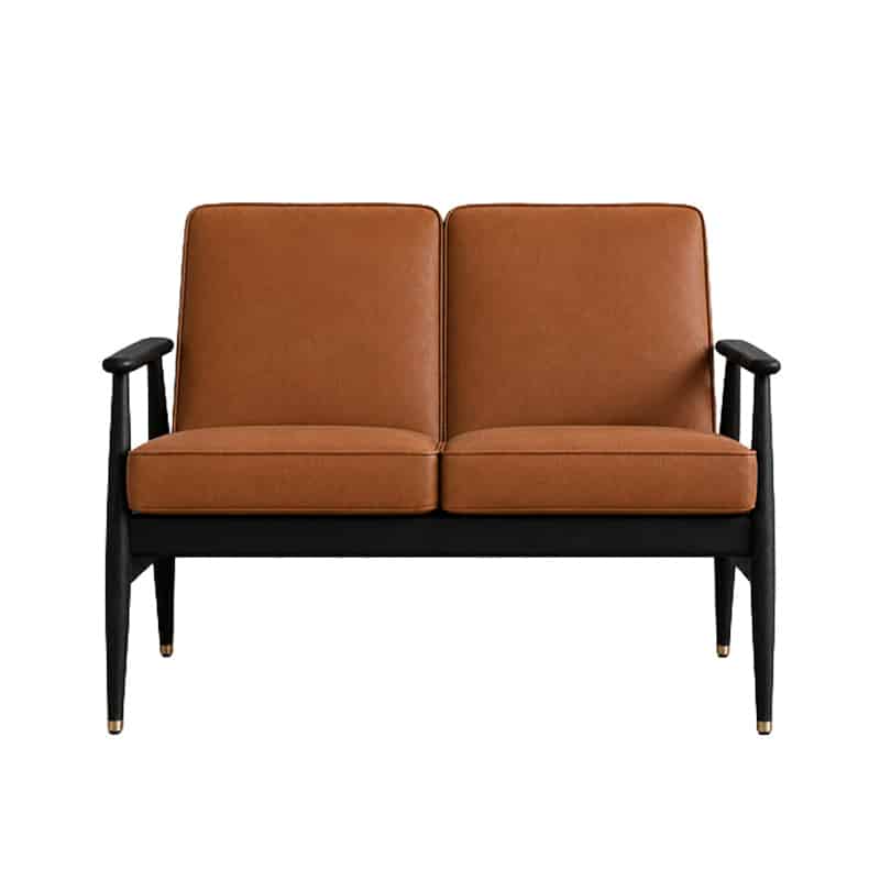 Fox 2 Seater Sofa Natural Leather Brown Black Stained Ash Hero Shot Olson and Baker - Designer & Contemporary Sofas, Furniture - Olson and Baker showcases original designs from authentic, designer brands. Buy contemporary furniture, lighting, storage, sofas & chairs at Olson + Baker.