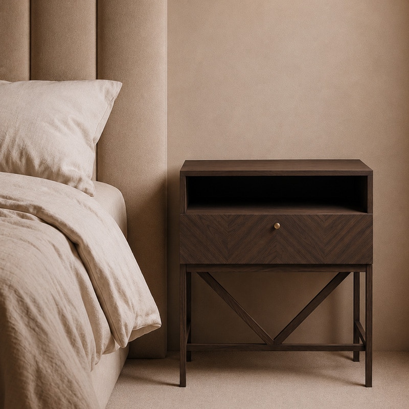 Luxe bedside Table- One Drawer Dark Oiled Oak Lifestyle Shot 1