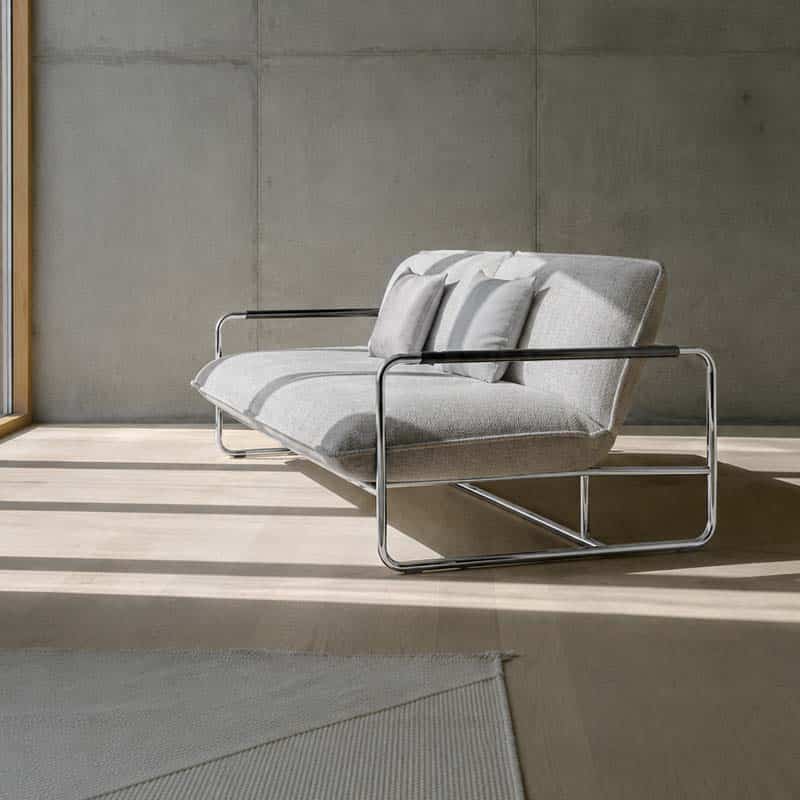 Softline Nova Sofa Bed Chrome 520 Eco Cotton Lifestyle Image 02 Olson and Baker - Designer & Contemporary Sofas, Furniture - Olson and Baker showcases original designs from authentic, designer brands. Buy contemporary furniture, lighting, storage, sofas & chairs at Olson + Baker.