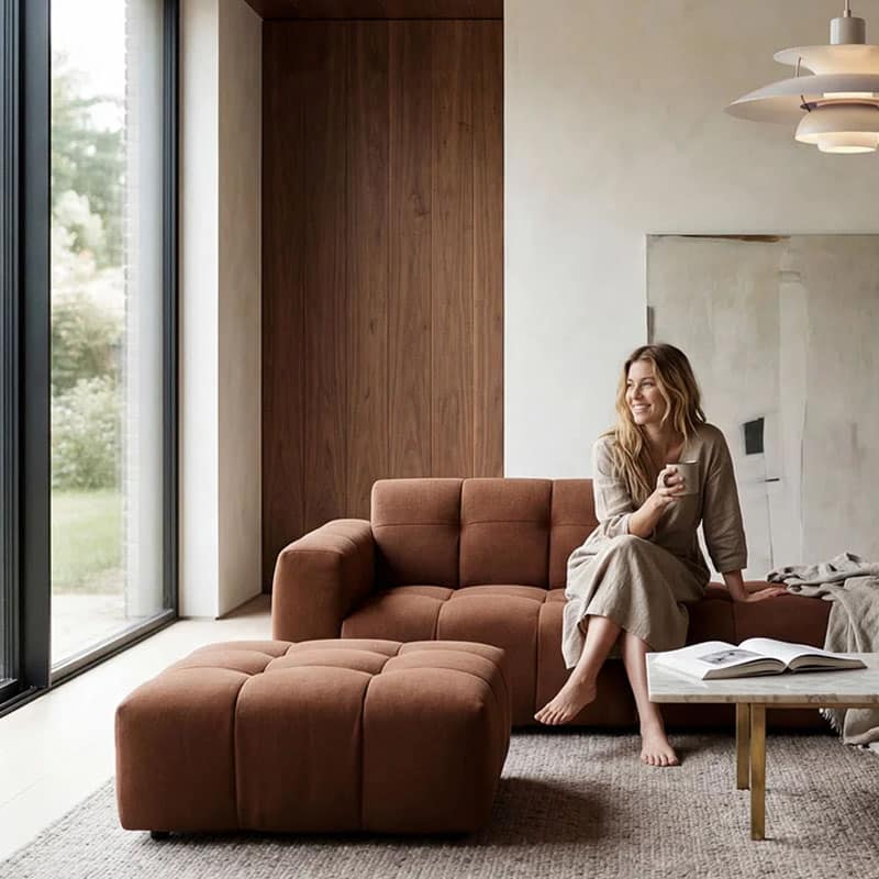 Furninova Chess Sofa LH Open Chaise Lifestyle Image 003 Olson and Baker - Designer & Contemporary Sofas, Furniture - Olson and Baker showcases original designs from authentic, designer brands. Buy contemporary furniture, lighting, storage, sofas & chairs at Olson + Baker.