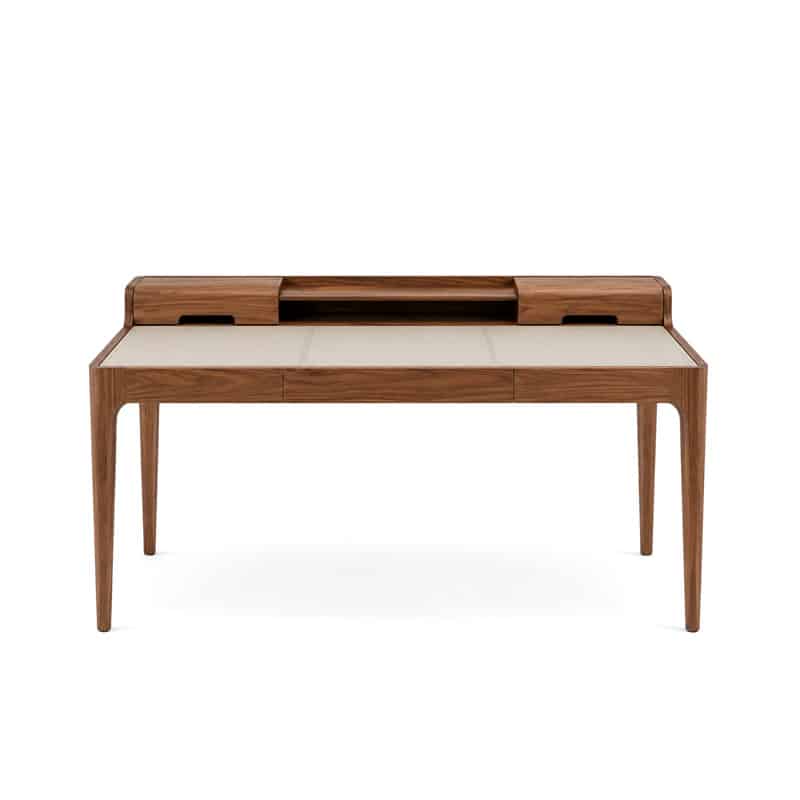 Saffo Desk Natural Canaletta Walnut Corda Leather Pack Shot 01 Olson and Baker - Designer & Contemporary Sofas, Furniture - Olson and Baker showcases original designs from authentic, designer brands. Buy contemporary furniture, lighting, storage, sofas & chairs at Olson + Baker.